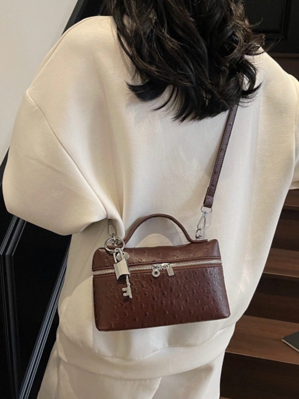 Brown Ostrich-Texture Crossbody Bag with Top Handle